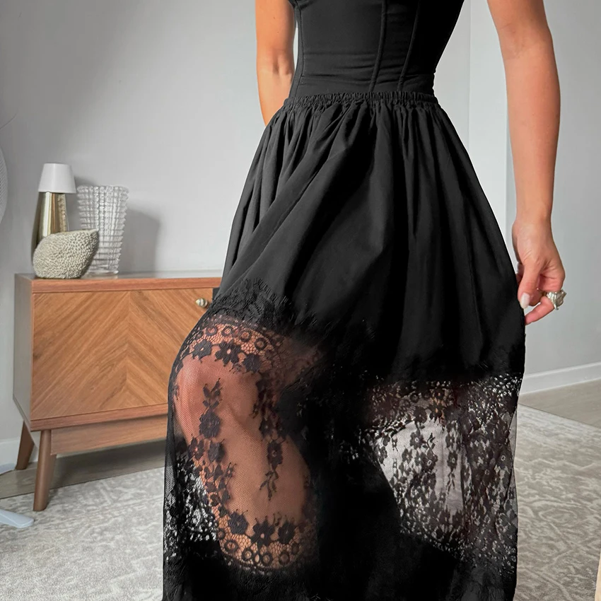 Linad Elegant Black Embroidery Bloomers For Women Sexy Hollow Out Long Pants Street Chic Pleated Elastic Waist Trousers 2025
