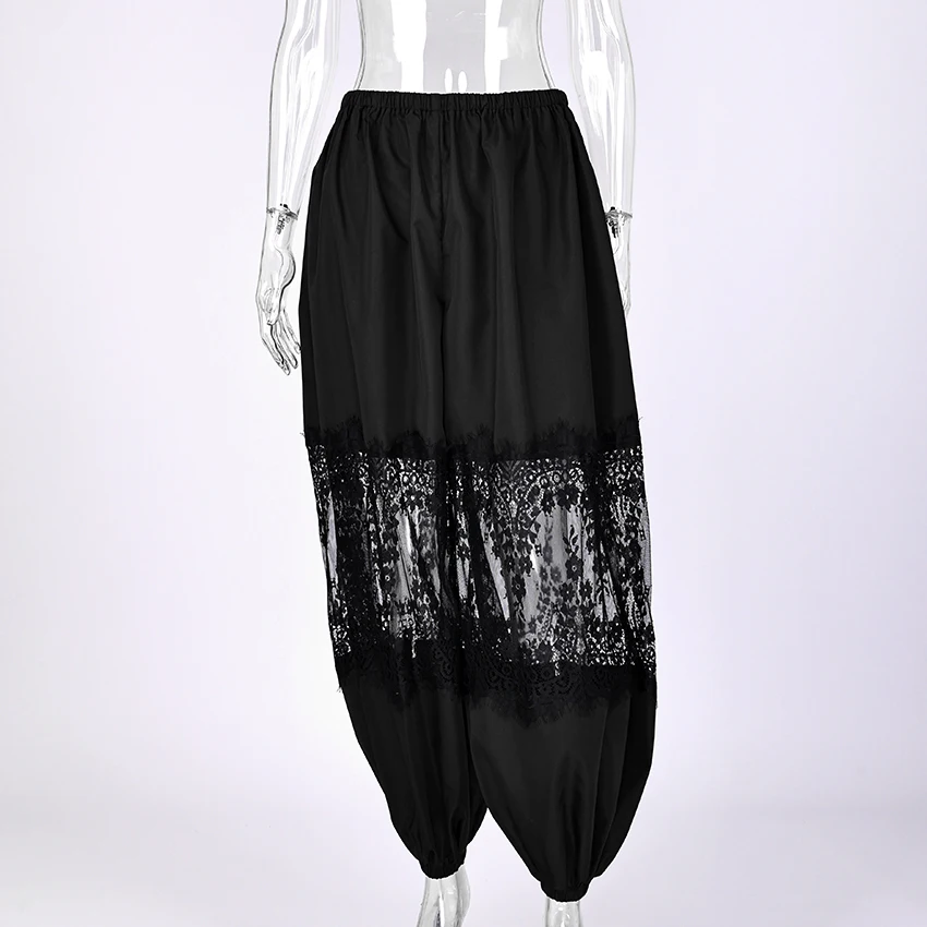 Linad Elegant Black Embroidery Bloomers For Women Sexy Hollow Out Long Pants Street Chic Pleated Elastic Waist Trousers 2025