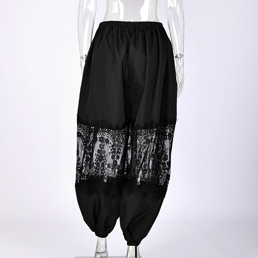 Linad Elegant Black Embroidery Bloomers For Women Sexy Hollow Out Long Pants Street Chic Pleated Elastic Waist Trousers 2025