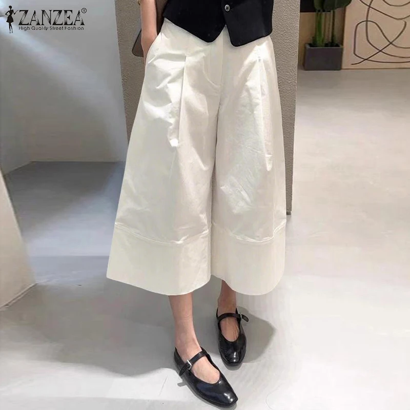ZANZEA 2026 Women Casual Calf-Length Pants Elastic Back Waist Solid Color Wide-Leg Cropped Pant Autumn Loose Cozy Woman Bottoms