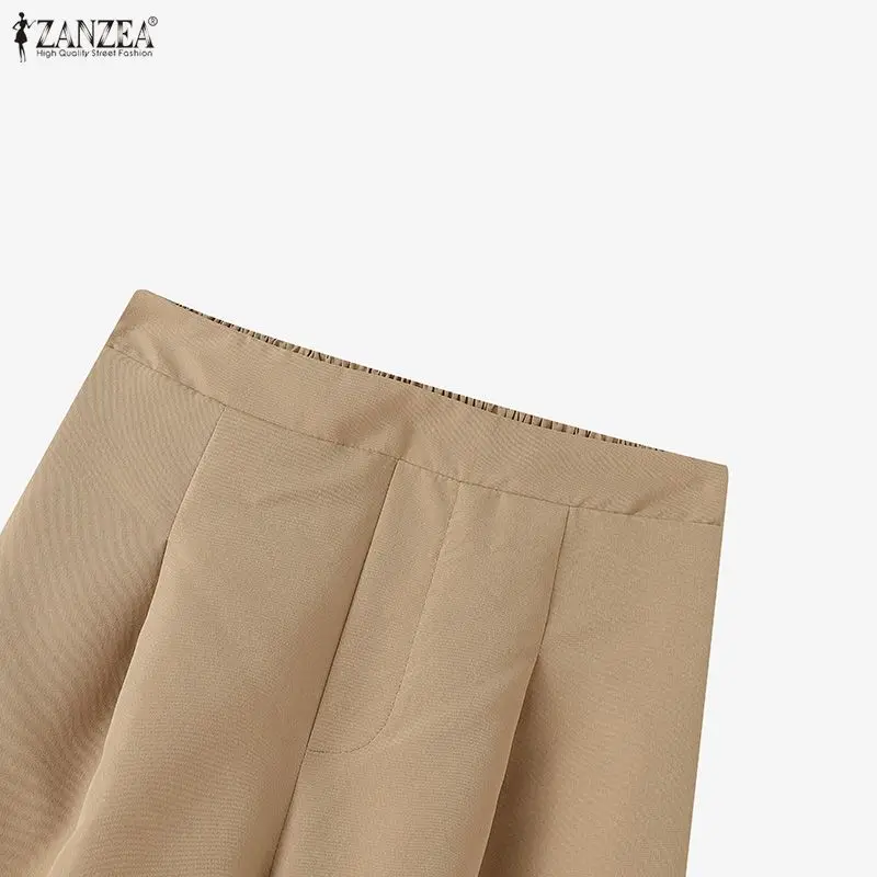 ZANZEA 2026 Women Casual Calf-Length Pants Elastic Back Waist Solid Color Wide-Leg Cropped Pant Autumn Loose Cozy Woman Bottoms