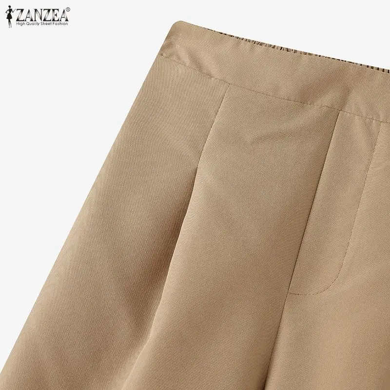 ZANZEA 2026 Women Casual Calf-Length Pants Elastic Back Waist Solid Color Wide-Leg Cropped Pant Autumn Loose Cozy Woman Bottoms