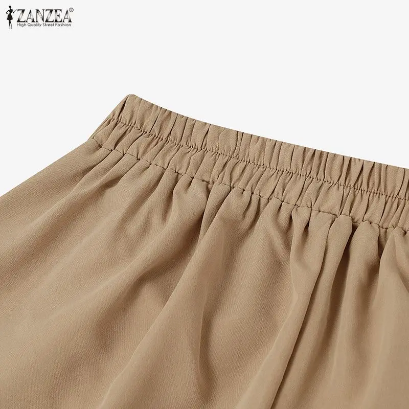 ZANZEA 2026 Women Casual Calf-Length Pants Elastic Back Waist Solid Color Wide-Leg Cropped Pant Autumn Loose Cozy Woman Bottoms