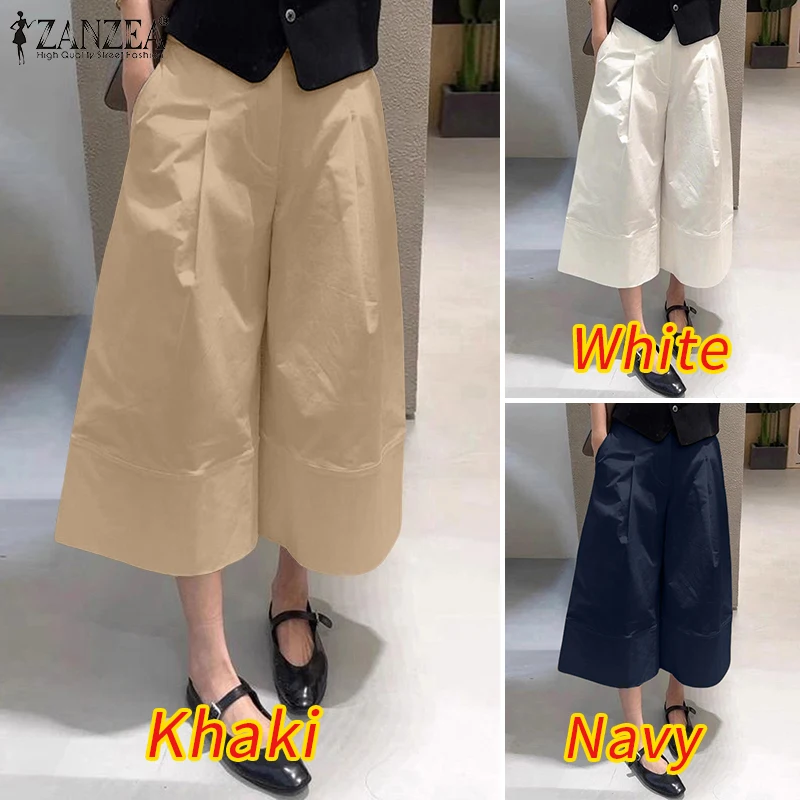 ZANZEA 2026 Women Casual Calf-Length Pants Elastic Back Waist Solid Color Wide-Leg Cropped Pant Autumn Loose Cozy Woman Bottoms