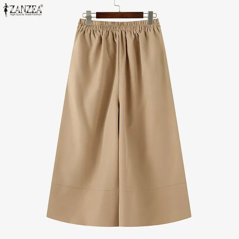ZANZEA 2026 Women Casual Calf-Length Pants Elastic Back Waist Solid Color Wide-Leg Cropped Pant Autumn Loose Cozy Woman Bottoms