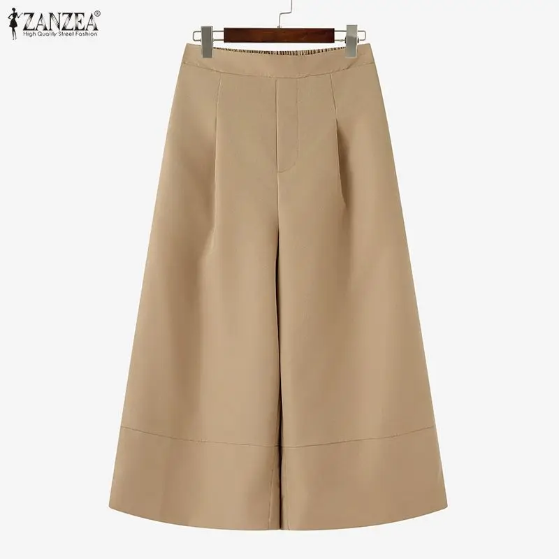 ZANZEA 2026 Women Casual Calf-Length Pants Elastic Back Waist Solid Color Wide-Leg Cropped Pant Autumn Loose Cozy Woman Bottoms