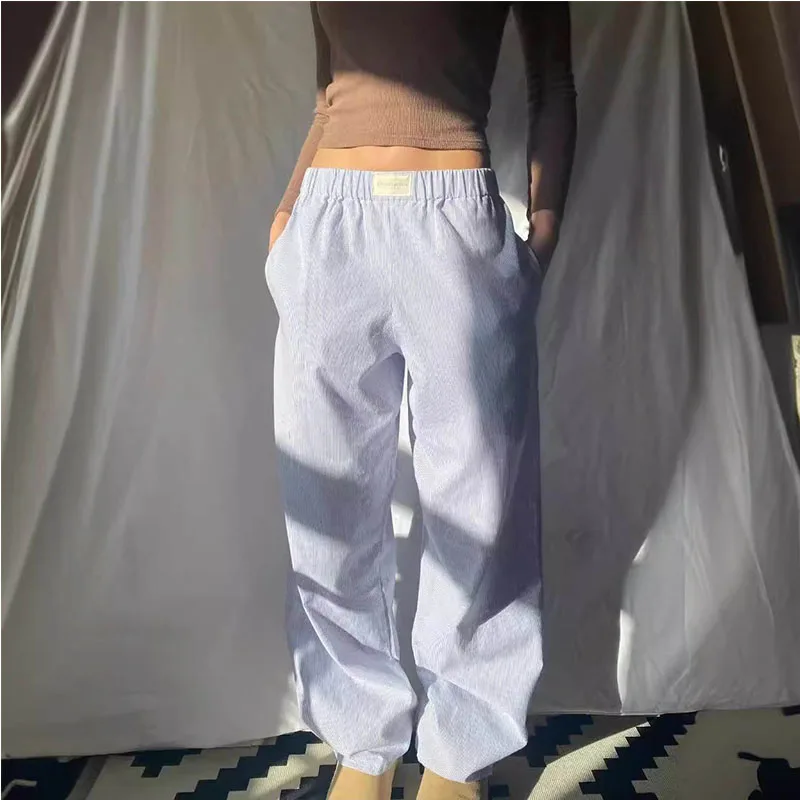 Women's Pink Stripe Elastic Waist Pocket Pants Straight Leg Loose Pants Street Casual Comfortable Summer Y2K Pants