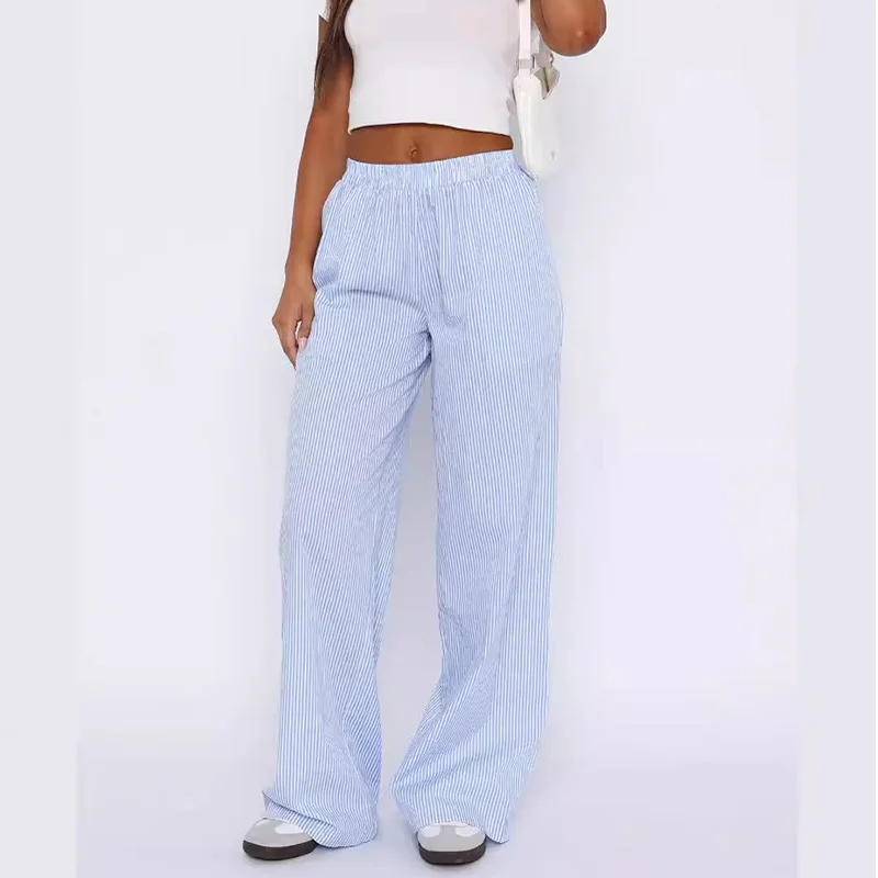 Women's Pink Stripe Elastic Waist Pocket Pants Straight Leg Loose Pants Street Casual Comfortable Summer Y2K Pants