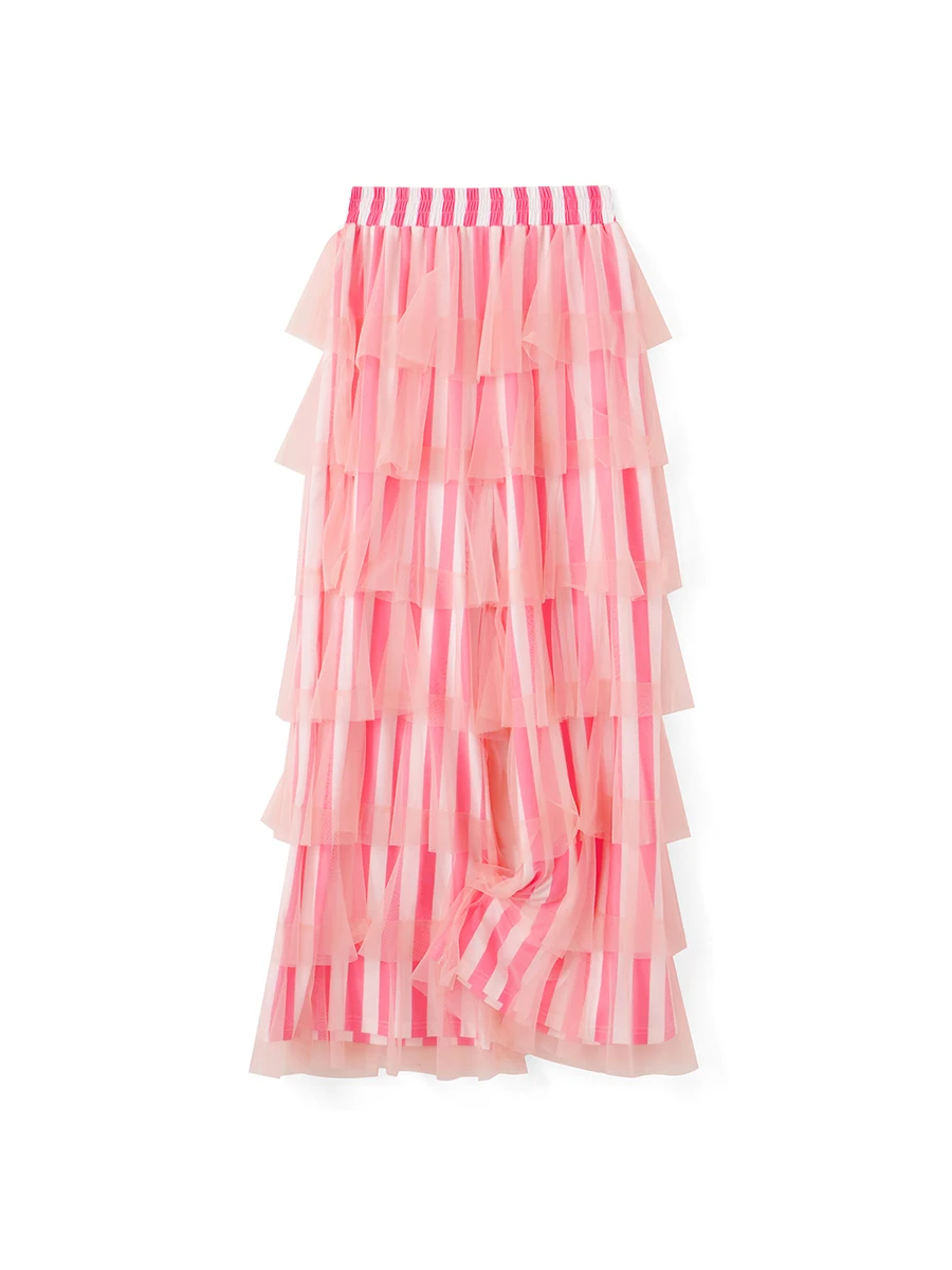 Women Trendy Cute Pants Casual Layered Mesh Ruffles Stripe Print Elastic Waist Trousers Y2K Vintage Streetwear Bottoms
