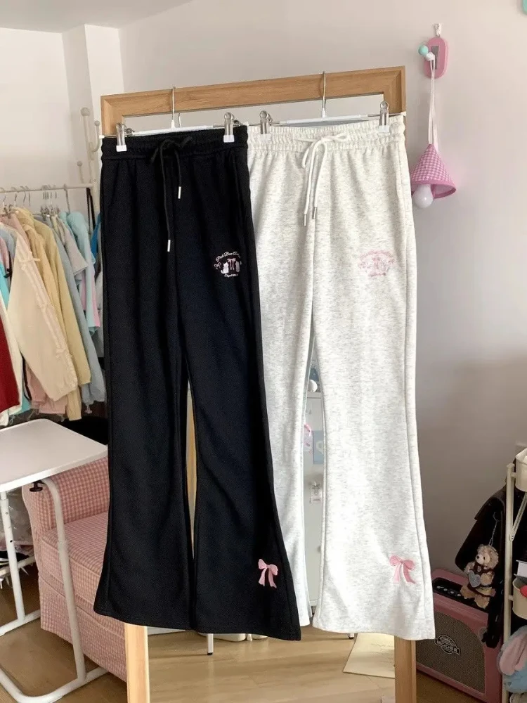 Japanese Kawaii Flare Long Pants Women Sweet High Waist Fashion Pantalon Femme Cute Cat Embroidery Slim Fit Trousers New Bottoms