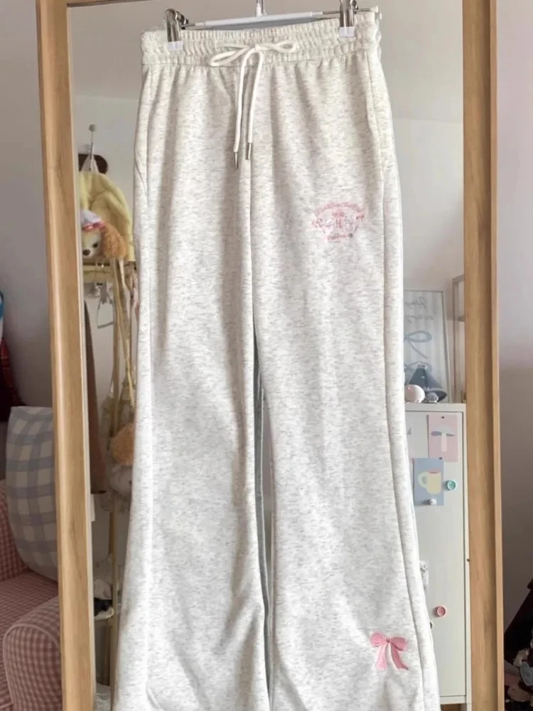 Japanese Kawaii Flare Long Pants Women Sweet High Waist Fashion Pantalon Femme Cute Cat Embroidery Slim Fit Trousers New Bottoms
