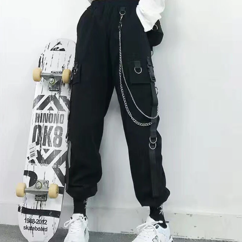 ZOKI Gothic Women Cargo Pants Black Joggers High Waisted Harajuku Harem Pants Punk Goth Techwear Chain Trousers Female Hip Hop