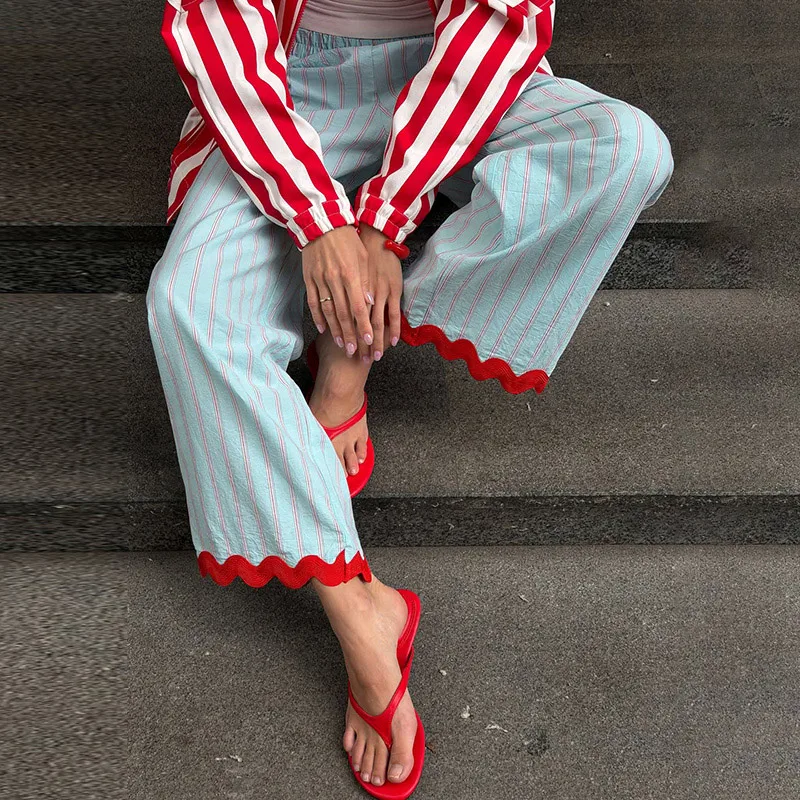 Striped Patchwork Scalloped Trim Trousers Women Street Elastic Waist Pocket Panelled Loose Wide Leg Pants Chic Ladies Partywear