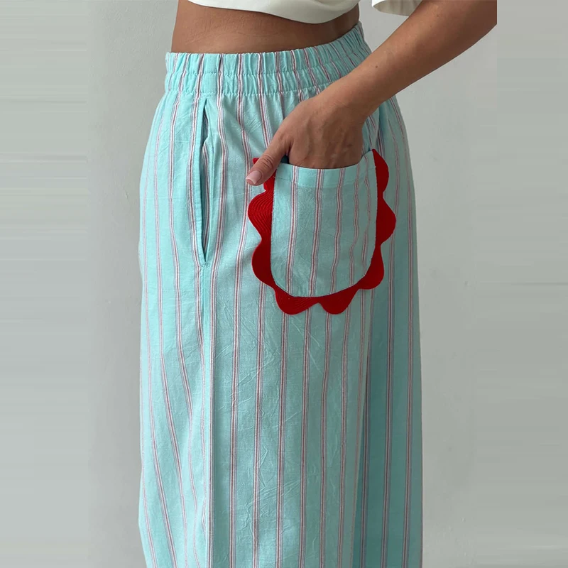 Striped Patchwork Scalloped Trim Trousers Women Street Elastic Waist Pocket Panelled Loose Wide Leg Pants Chic Ladies Partywear