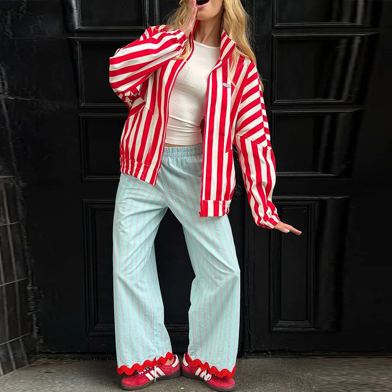 Striped Patchwork Scalloped Trim Trousers Women Street Elastic Waist Pocket Panelled Loose Wide Leg Pants Chic Ladies Partywear
