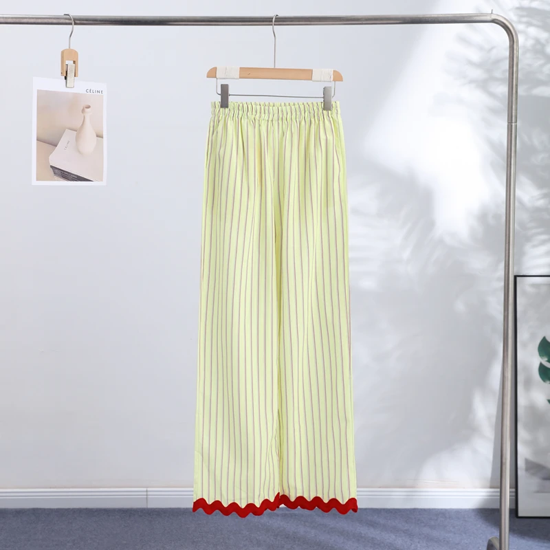 Striped Patchwork Scalloped Trim Trousers Women Street Elastic Waist Pocket Panelled Loose Wide Leg Pants Chic Ladies Partywear