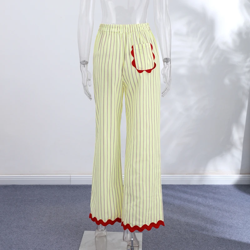 Striped Patchwork Scalloped Trim Trousers Women Street Elastic Waist Pocket Panelled Loose Wide Leg Pants Chic Ladies Partywear