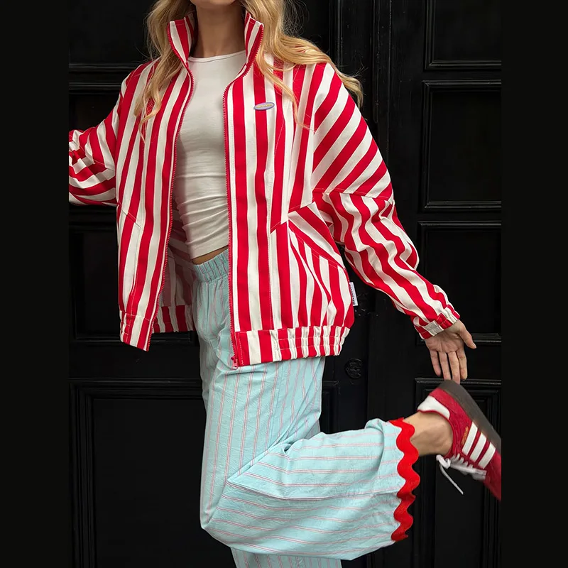 Striped Patchwork Scalloped Trim Trousers Women Street Elastic Waist Pocket Panelled Loose Wide Leg Pants Chic Ladies Partywear