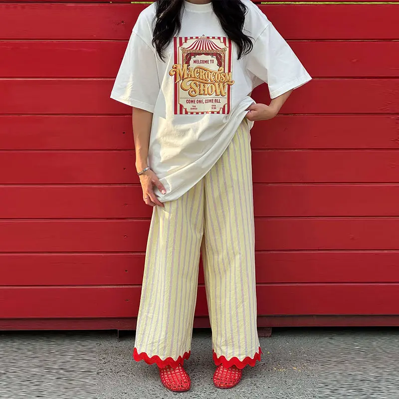 Striped Patchwork Scalloped Trim Trousers Women Street Elastic Waist Pocket Panelled Loose Wide Leg Pants Chic Ladies Partywear