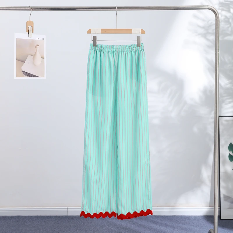 Striped Patchwork Scalloped Trim Trousers Women Street Elastic Waist Pocket Panelled Loose Wide Leg Pants Chic Ladies Partywear