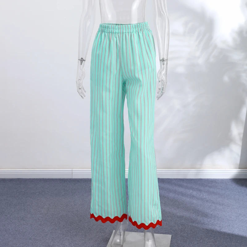 Striped Patchwork Scalloped Trim Trousers Women Street Elastic Waist Pocket Panelled Loose Wide Leg Pants Chic Ladies Partywear