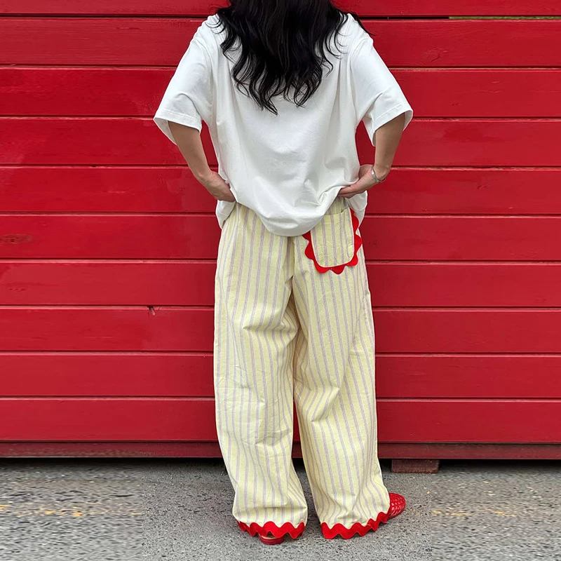 Striped Patchwork Scalloped Trim Trousers Women Street Elastic Waist Pocket Panelled Loose Wide Leg Pants Chic Ladies Partywear