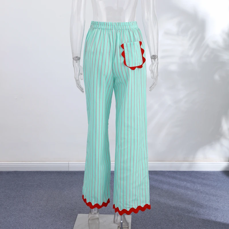 Striped Patchwork Scalloped Trim Trousers Women Street Elastic Waist Pocket Panelled Loose Wide Leg Pants Chic Ladies Partywear