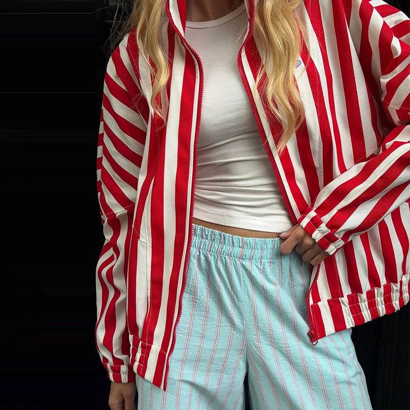 Striped Patchwork Scalloped Trim Trousers Women Street Elastic Waist Pocket Panelled Loose Wide Leg Pants Chic Ladies Partywear