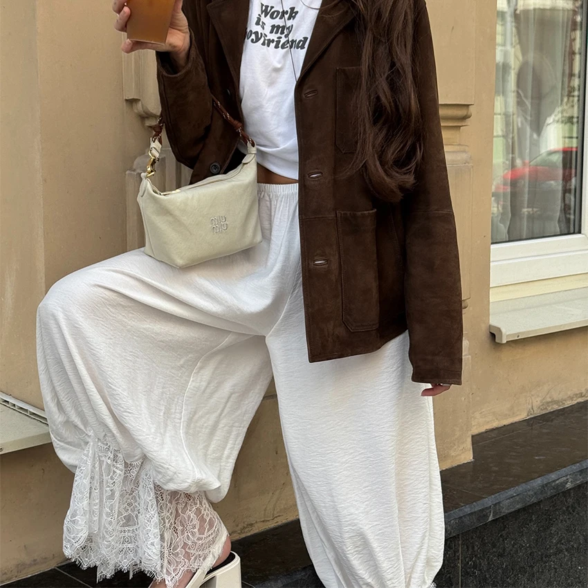 Linad Vintage Loose Lace Pencil Pants For Women White Elegant Elastic Waist Trousers Street Chic Ankle Length Pants 2025 Summer