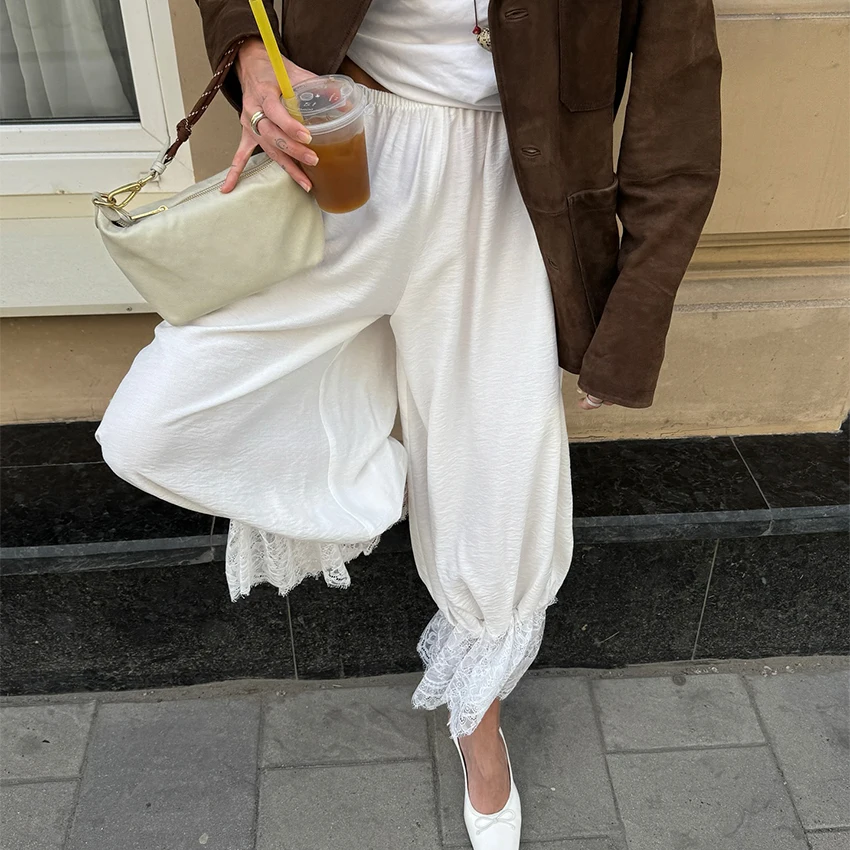 Linad Vintage Loose Lace Pencil Pants For Women White Elegant Elastic Waist Trousers Street Chic Ankle Length Pants 2025 Summer