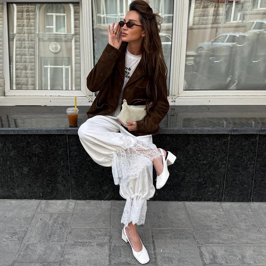 Linad Vintage Loose Lace Pencil Pants For Women White Elegant Elastic Waist Trousers Street Chic Ankle Length Pants 2025 Summer
