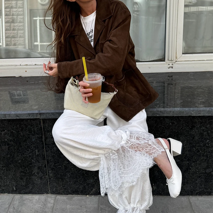 Linad Vintage Loose Lace Pencil Pants For Women White Elegant Elastic Waist Trousers Street Chic Ankle Length Pants 2025 Summer