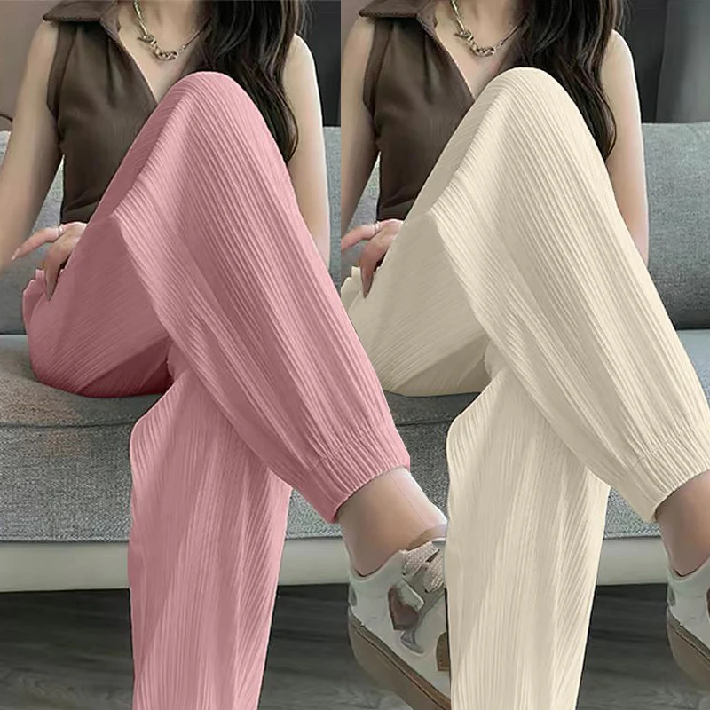 Casual Street Sweet Autumn New Basics Ice Silk Pants Lantern Pants Solid Color Elastic Women's Sports Pants and Ankle Pants