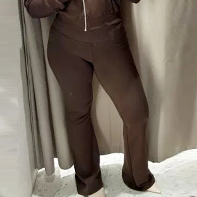 HXAO Fleece Flared Trousers Women's Pants Black Brown Grey Pants For Woman Chic High-Waisted Flared Trousers Casual Sports Pants