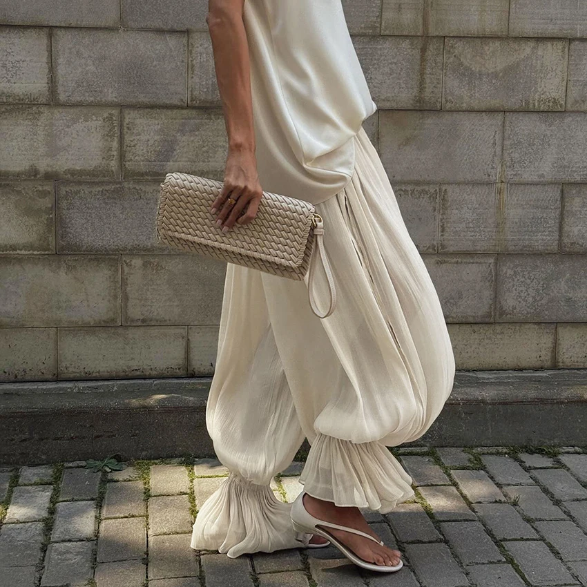 Linad Elegant Apricot Loose Bloomers For Woman Autumn Street Chic Sheer Elastic Waist Trousers Fall Casual Flare Long Pants 2025
