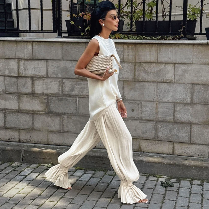 Linad Elegant Apricot Loose Bloomers For Woman Autumn Street Chic Sheer Elastic Waist Trousers Fall Casual Flare Long Pants 2025
