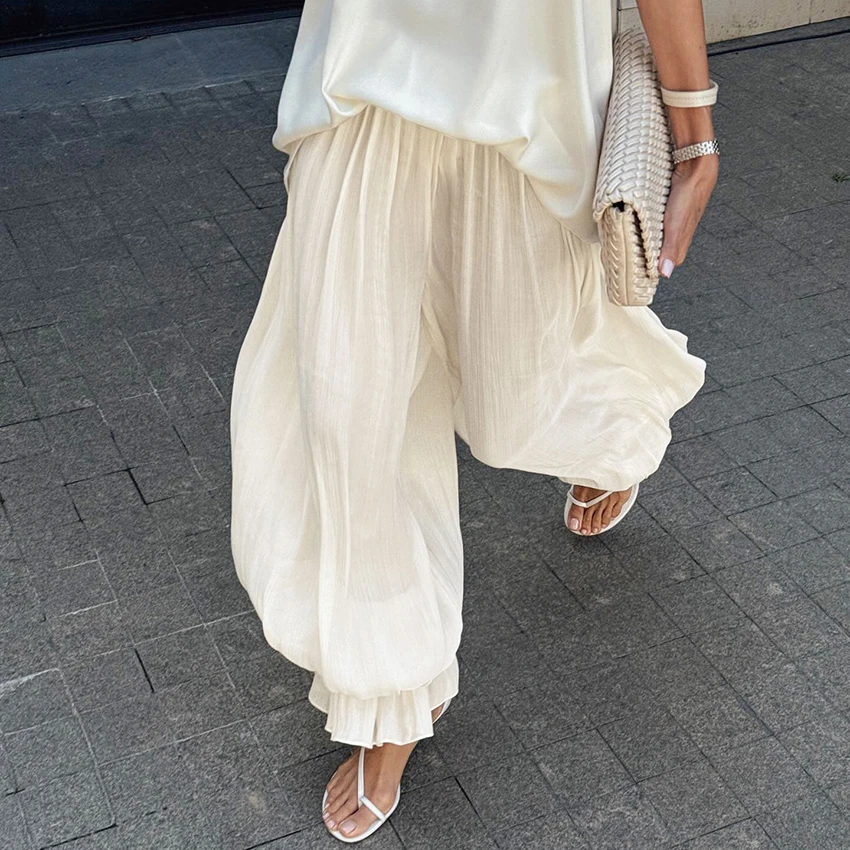 Linad Elegant Apricot Loose Bloomers For Woman Autumn Street Chic Sheer Elastic Waist Trousers Fall Casual Flare Long Pants 2025