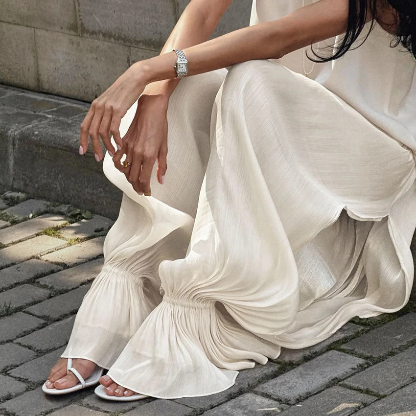 Linad Elegant Apricot Loose Bloomers For Woman Autumn Street Chic Sheer Elastic Waist Trousers Fall Casual Flare Long Pants 2025