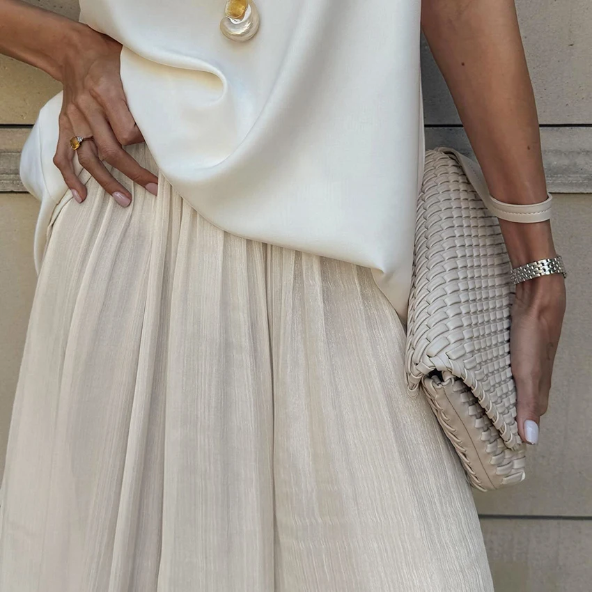 Linad Elegant Apricot Loose Bloomers For Woman Autumn Street Chic Sheer Elastic Waist Trousers Fall Casual Flare Long Pants 2025