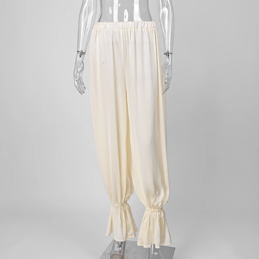 Linad Elegant Apricot Loose Bloomers For Woman Autumn Street Chic Sheer Elastic Waist Trousers Fall Casual Flare Long Pants 2025