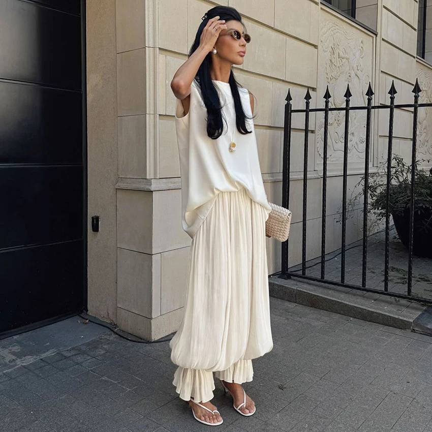 Linad Elegant Apricot Loose Bloomers For Woman Autumn Street Chic Sheer Elastic Waist Trousers Fall Casual Flare Long Pants 2025