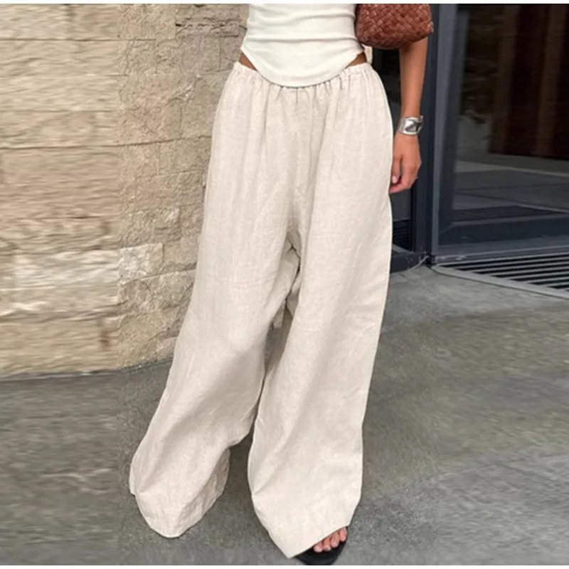 Cotton Linen Loose Women's Pant Elastic Waist Pleated Casual Female Wide Leg Trousers 2025 Summer Solid Vacation Lady Pant