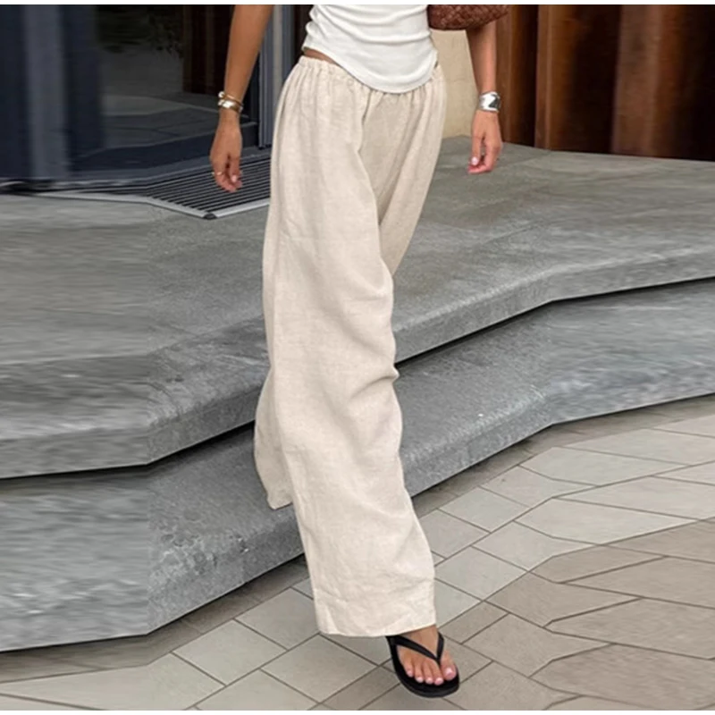 Cotton Linen Loose Women's Pant Elastic Waist Pleated Casual Female Wide Leg Trousers 2025 Summer Solid Vacation Lady Pant