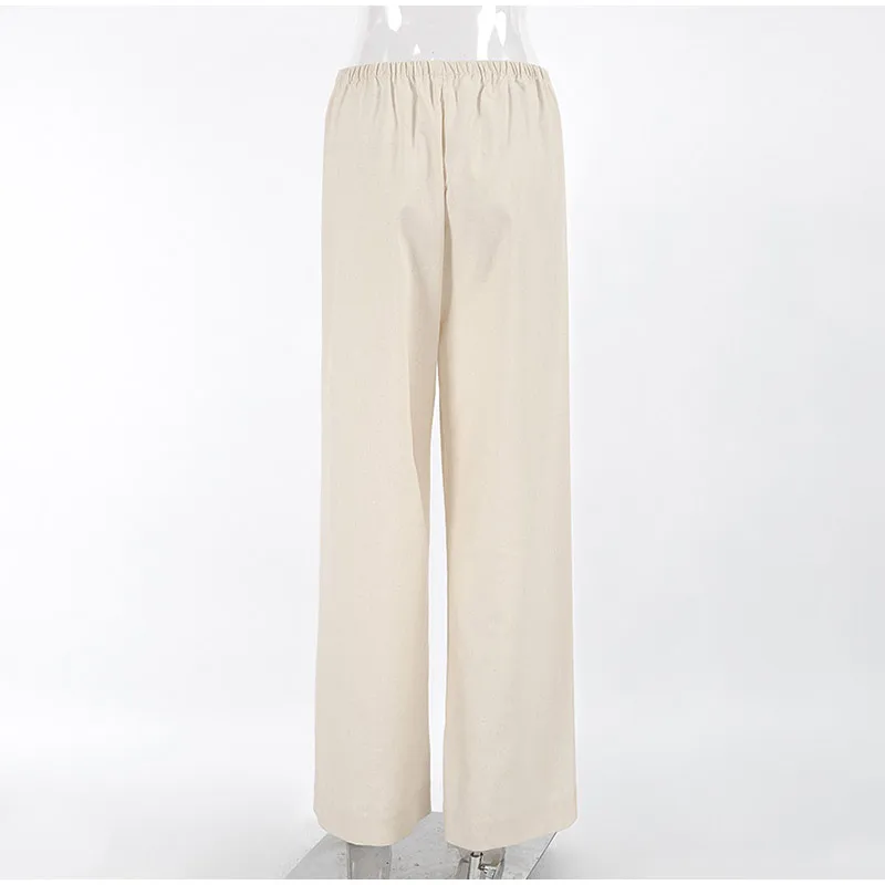 Cotton Linen Loose Women's Pant Elastic Waist Pleated Casual Female Wide Leg Trousers 2025 Summer Solid Vacation Lady Pant