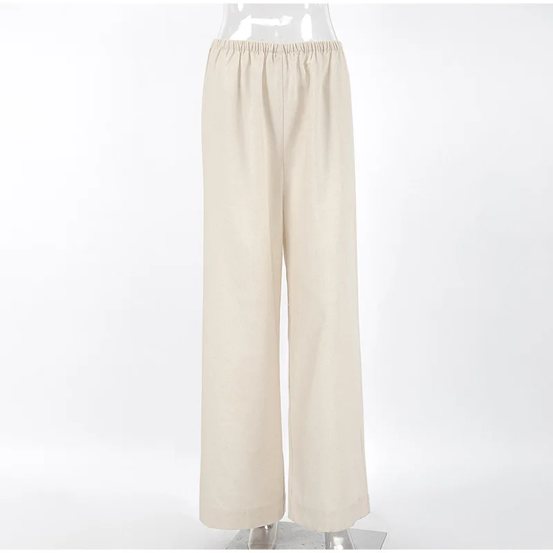 Cotton Linen Loose Women's Pant Elastic Waist Pleated Casual Female Wide Leg Trousers 2025 Summer Solid Vacation Lady Pant