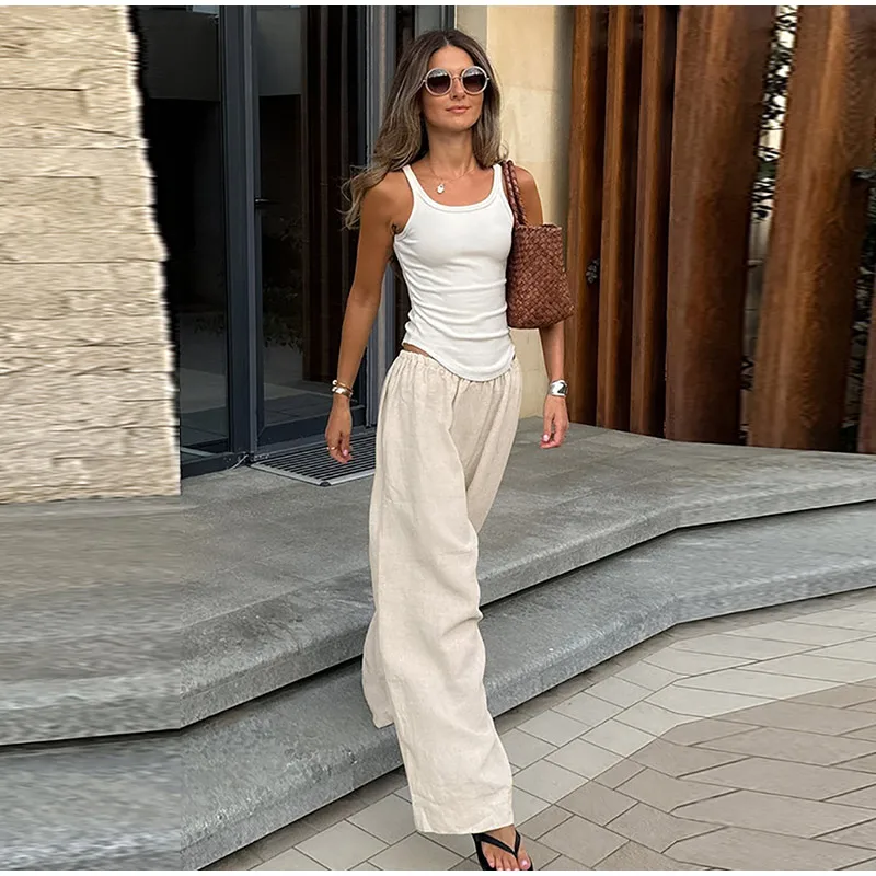 Cotton Linen Loose Women's Pant Elastic Waist Pleated Casual Female Wide Leg Trousers 2025 Summer Solid Vacation Lady Pant