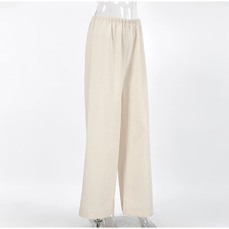 Cotton Linen Loose Women's Pant Elastic Waist Pleated Casual Female Wide Leg Trousers 2025 Summer Solid Vacation Lady Pant