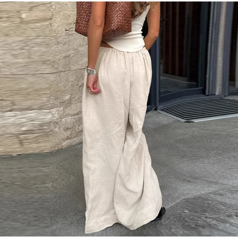 Cotton Linen Loose Women's Pant Elastic Waist Pleated Casual Female Wide Leg Trousers 2025 Summer Solid Vacation Lady Pant