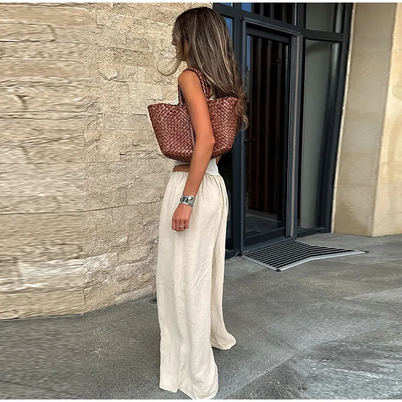 Cotton Linen Loose Women's Pant Elastic Waist Pleated Casual Female Wide Leg Trousers 2025 Summer Solid Vacation Lady Pant