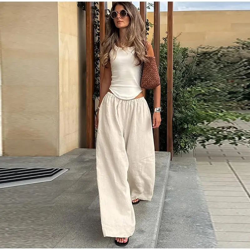Cotton Linen Loose Women's Pant Elastic Waist Pleated Casual Female Wide Leg Trousers 2025 Summer Solid Vacation Lady Pant